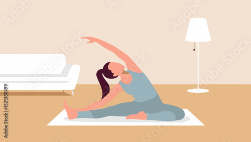 Young woman stretching on mat in modern living room interior  