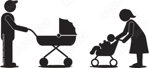 Parents pushing strollers while attending to their babies  
