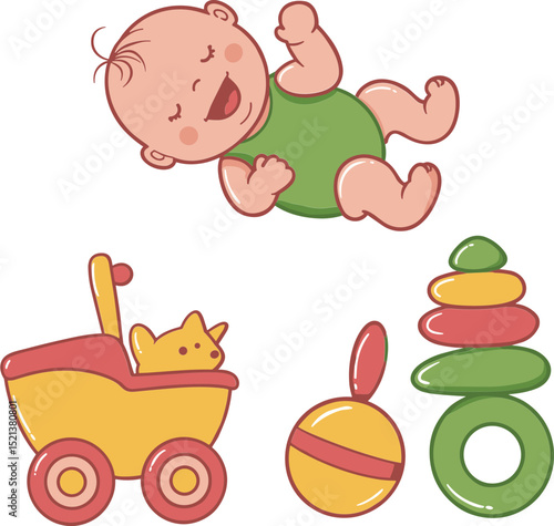Happy baby playing with colorful toys and rattles in bright colors  