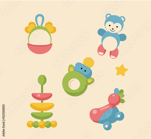 Colorful baby rattles and toys in playful design and soft colors  