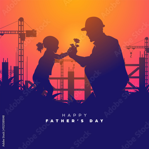 Happy father's day social media template background, square banner of a silhouette construction worker construction worker receives flowers from his daughter