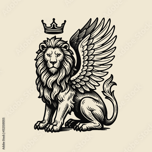 Winged crowned lion heraldic engraving vector illustration