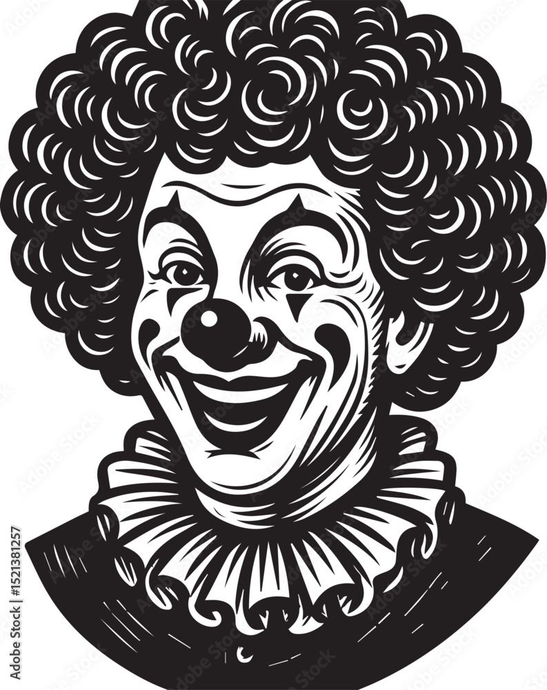 clown face with curly hair, exaggerated makeup, and a ruffled collar in retro engraving style vector illustration clown face with curly hair, exaggerated makeup, and a ruffled collar in retro engraving style vector illustration
