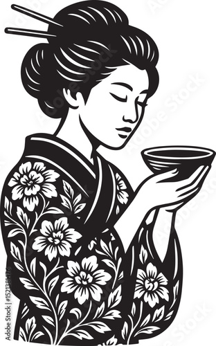 geisha in a detailed floral kimono, holding a bowl, exuding elegance and tradition vector illustration