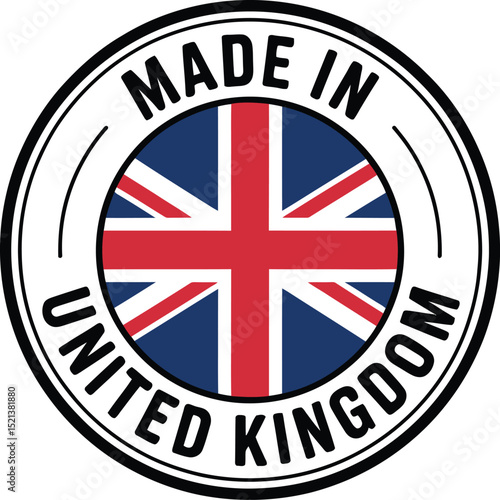 Round Black and White Made in United Kingdom Badge with Union Jack Flag