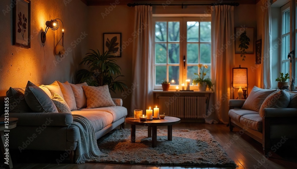 Fototapeta premium Warm candlelight illuminates a cozy living room interior, casting soft shadows on plush textiles and wooden furniture Perfect for home decor, interior design, and lifestyle blogs , furniture, night