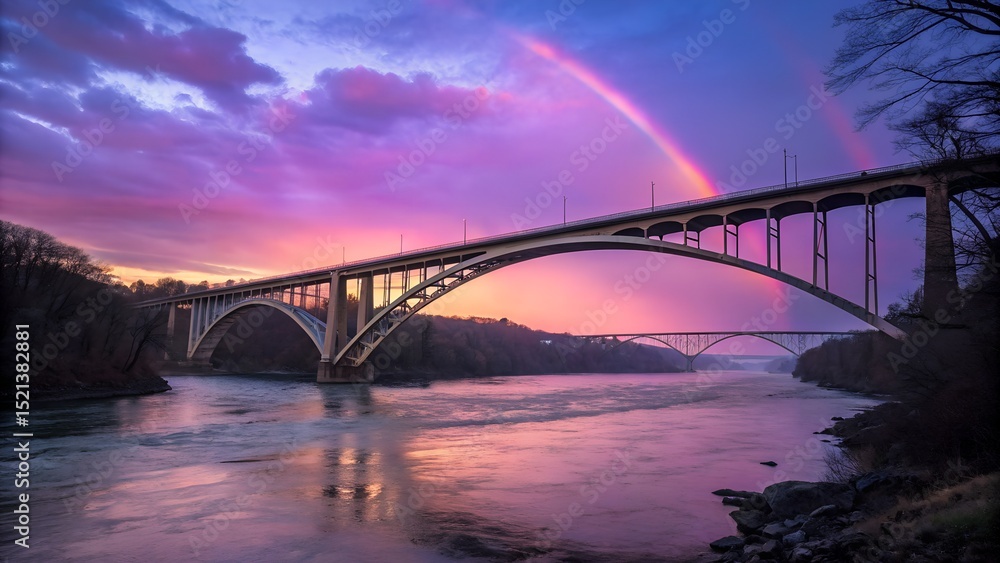 Obraz premium Fractal bridges float above a molten rainbow river under a gradient sky