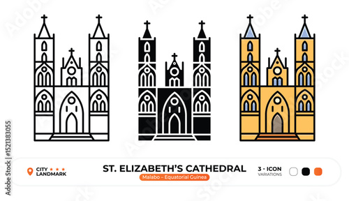 St. Elizabeth’s Cathedral Line Icon, Malabo, Equatorial Guinea Landmark, Silhouette, Color Vector, Editable Stroke.