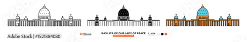 Basilica of Our Lady of Peace Line Icon. Yamoussoukro, Ivory Coast, Landmark, Silhouette, Color Vector, Editable Stroke.