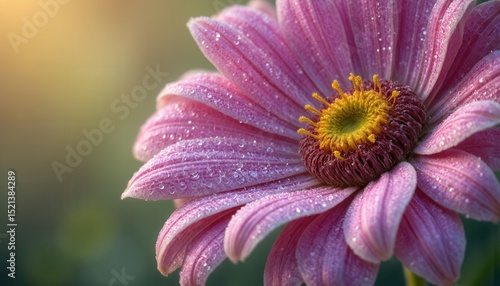 Dew-covered pink daisy illuminated morning sunlight