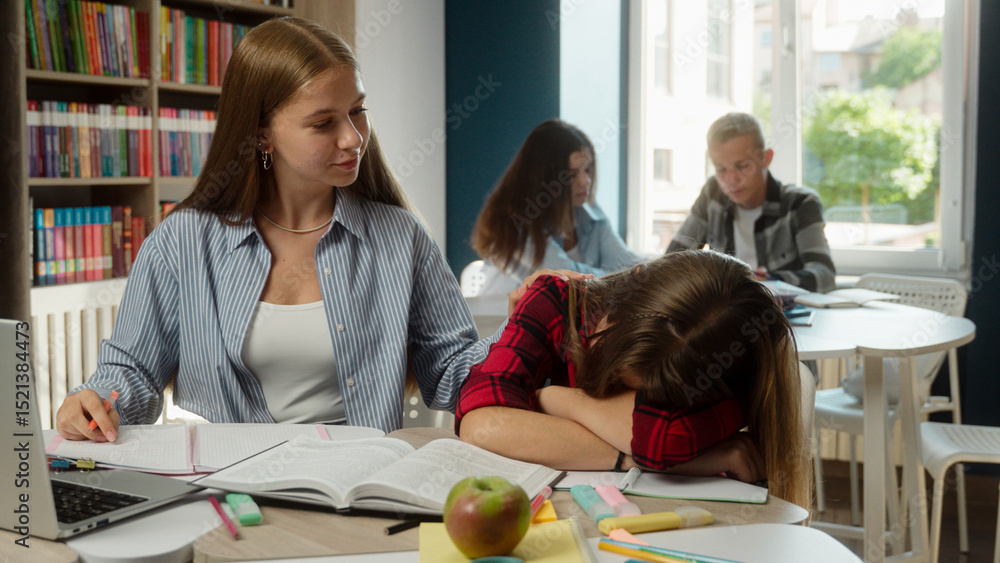 Obraz premium Caucasian girls high school students women gen z teenagers pupils schoolgirls university college education studying problem sleep fall asleep overwork tired exhausted boring lesson learn in classroom