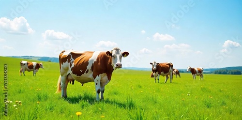 Wallpaper Mural A picturesque field of cows grazing peacefully under a bright summer sky, lush green grass abundant Ideal for dairy, agriculture, and farm-related content , landscape, milk Torontodigital.ca