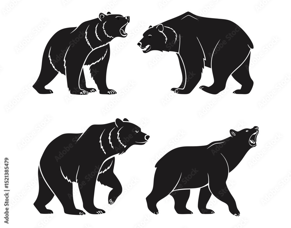 Fototapeta premium Bear Movement Silhouettes in Solid Black