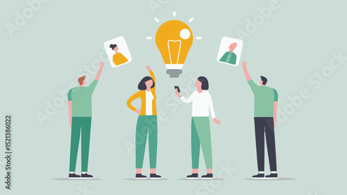 Team brainstorm with light bulb idea and person holding phone and people raising pictures up high shown