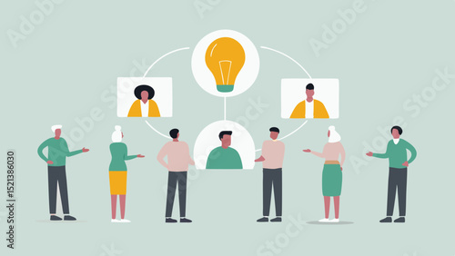Group of people brainstorming with a light bulb and video conference participants shown above them