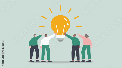 People collaborating to hold up a large lightbulb representing a bright idea and teamwork concept