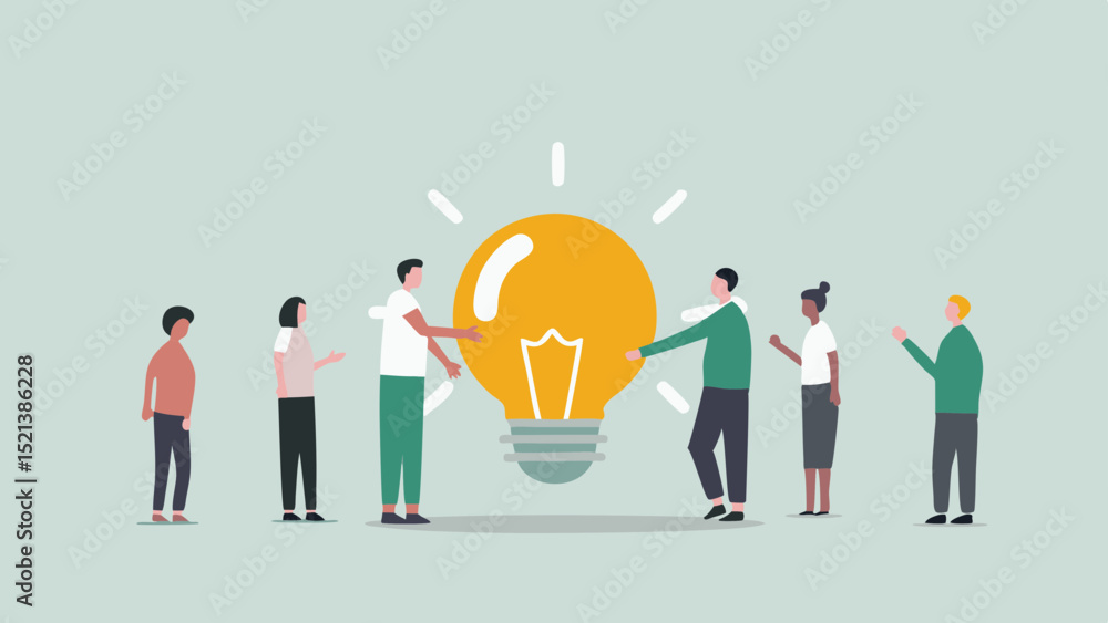 Group of people collaborating around a large lightbulb representing a bright idea and teamwork concept Group of people collaborating around a large lightbulb representing a bright idea and teamwork concept