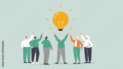 Group of people looking up at a bright yellow lightbulb representing an idea or innovation concept