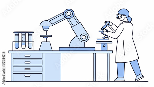 Scientist in lab coat using microscope next to robotic arm and test tubes on a cabinet in a laboratory