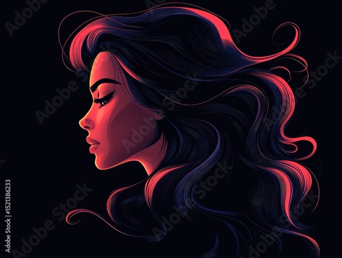 Beautiful woman in profile with long and shiny wavy hair . Beauty model girl with curly hairstyle . 