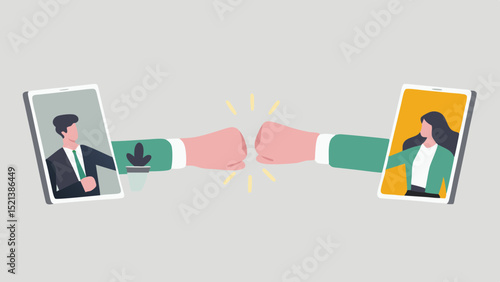Virtual fist bump between a man and a woman on their phones showcasing teamwork and collaboration online
