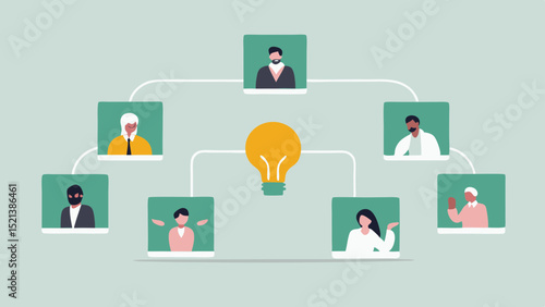 Illustration of a lightbulb connected to diverse people in square frames via white lines
