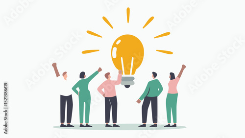 People standing around a large lightbulb with rays emanating from it on a white background design