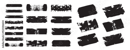 Mega bundle of different ink brush strokes: rectangle, square and round freehand drawings. Ink splatters, grungy painted lines, artistic design elements. Vector black paint brush spots. 