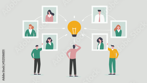 Team members connected to a central idea represented by a lightbulb with people holding frames
