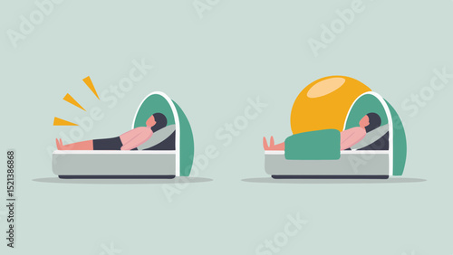 Two people lying in beds with futuristic green canopies and one with a sun lamp above it