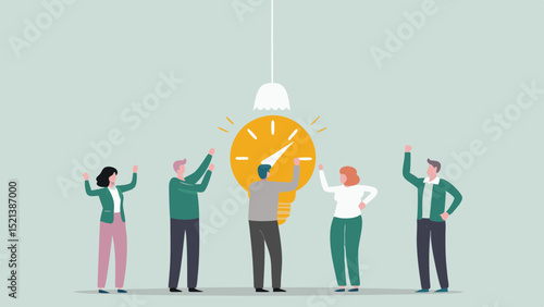 Illustration of a team working together to create a bright idea represented by a large lightbulb
