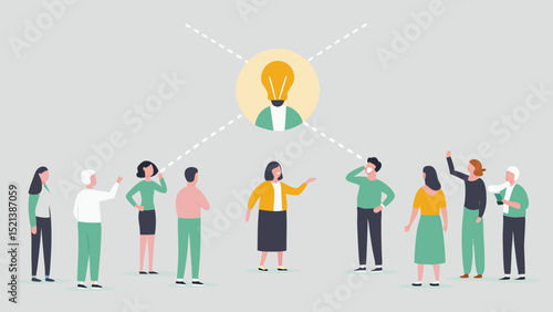 Group of people brainstorming with lightbulb head representing a central idea or innovation hub