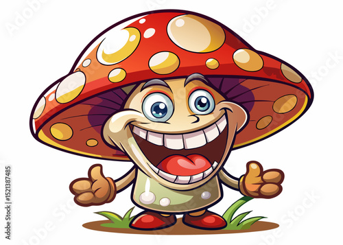 Vector cartoon illustration of a funny red mushroom character with a smiling face perfect for kids’ content, games, nature designs, stickers, and cute merchandise