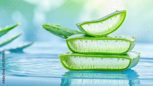 Stack of aloe vera sliced leaf with water splashing around in refreshing blue and green environment for health, beauty, skincare, and nature concept.
