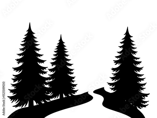 Black and white vector silhouette depicting a winding road flanked by trees. Minimalist design showing a peaceful rural pathway surrounded by nature on a clean white background.

