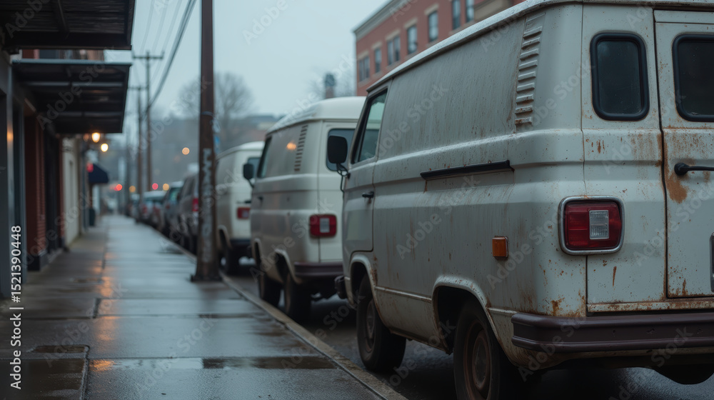 Old vans parked on rainy street, showcasing rust and urban charm. wet pavement reflects muted city lights, creating nostalgic atmosphere Old vans parked on rainy street, showcasing rust and urban charm. wet pavement reflects muted city lights, creating nostalgic atmosphere