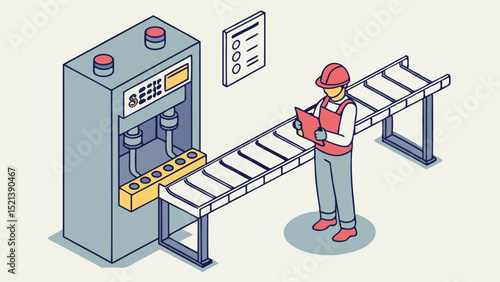 Isometric factory scene showing a worker inspecting a conveyor belt next to a machine and checklist