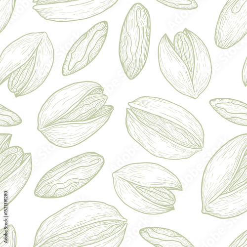 Seamless pattern of pistachios in vintage hand-drawn style on white background for packaging and textiles