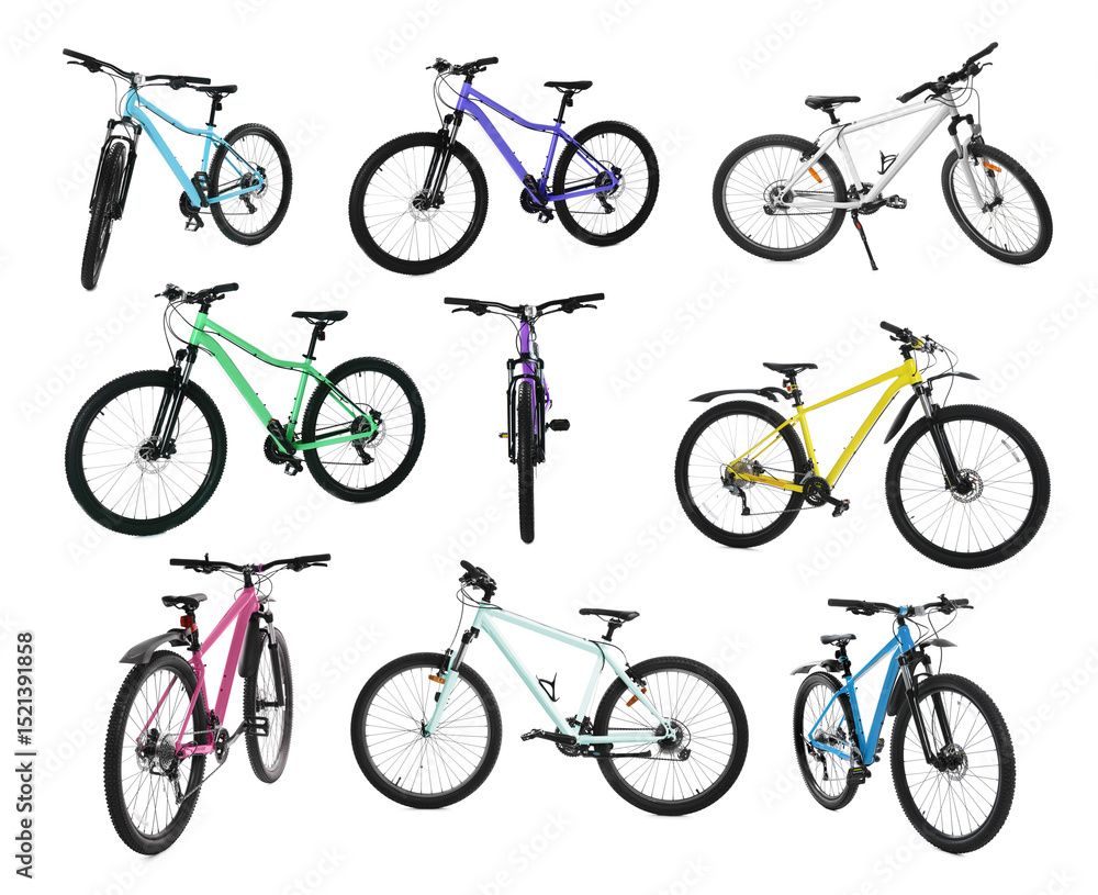 Different color bicycles on white background, collage Different color bicycles on white background, collage