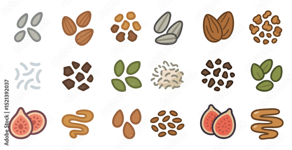 Assorted nuts and seeds vector icons for healthy eating and design usage Assorted nuts and seeds vector icons for healthy eating and design usage