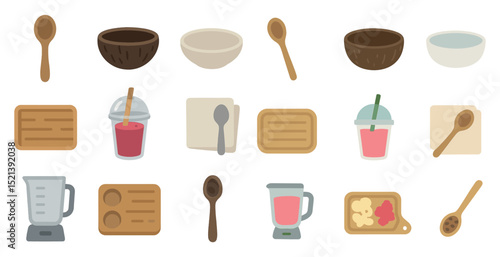 Assorted kitchen utensils and smoothies for culinary and beverage art