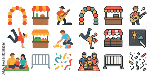 Vibrant family festival with food stalls and live music elements