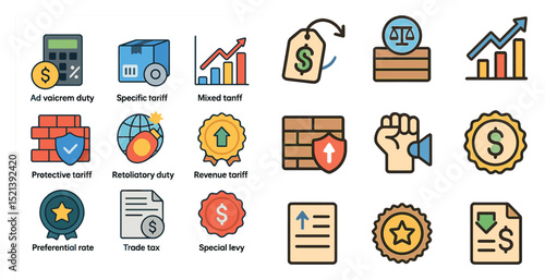 Economic icons set featuring tariffs, taxes, and financial growth symbols