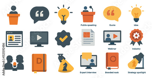 Business communication and strategy icons for presentations and learning