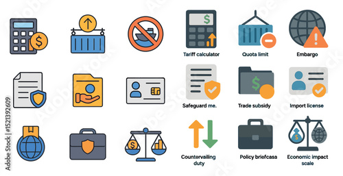 International trade and policy icons for economic strategy and analysis
