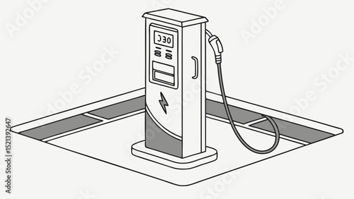 Illustration of an electric vehicle charging station with a display and charging cable in a parking area
