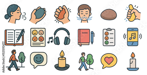 Daily activities and relaxation symbols for wellbeing and mindfulness