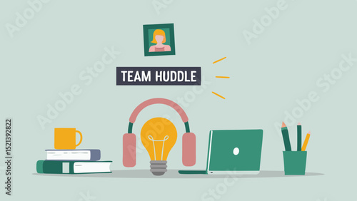 Illustration of a desk setup with laptop, books, headphones, and a lightbulb under a team huddle sign