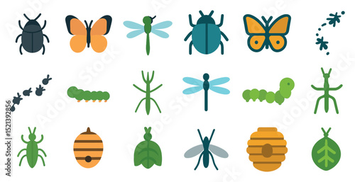 Colorful insect icons set featuring butterflies, beetles, and dragonflies for design projects