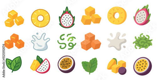 Tropical fruit cubes and leaves assortment for culinary design